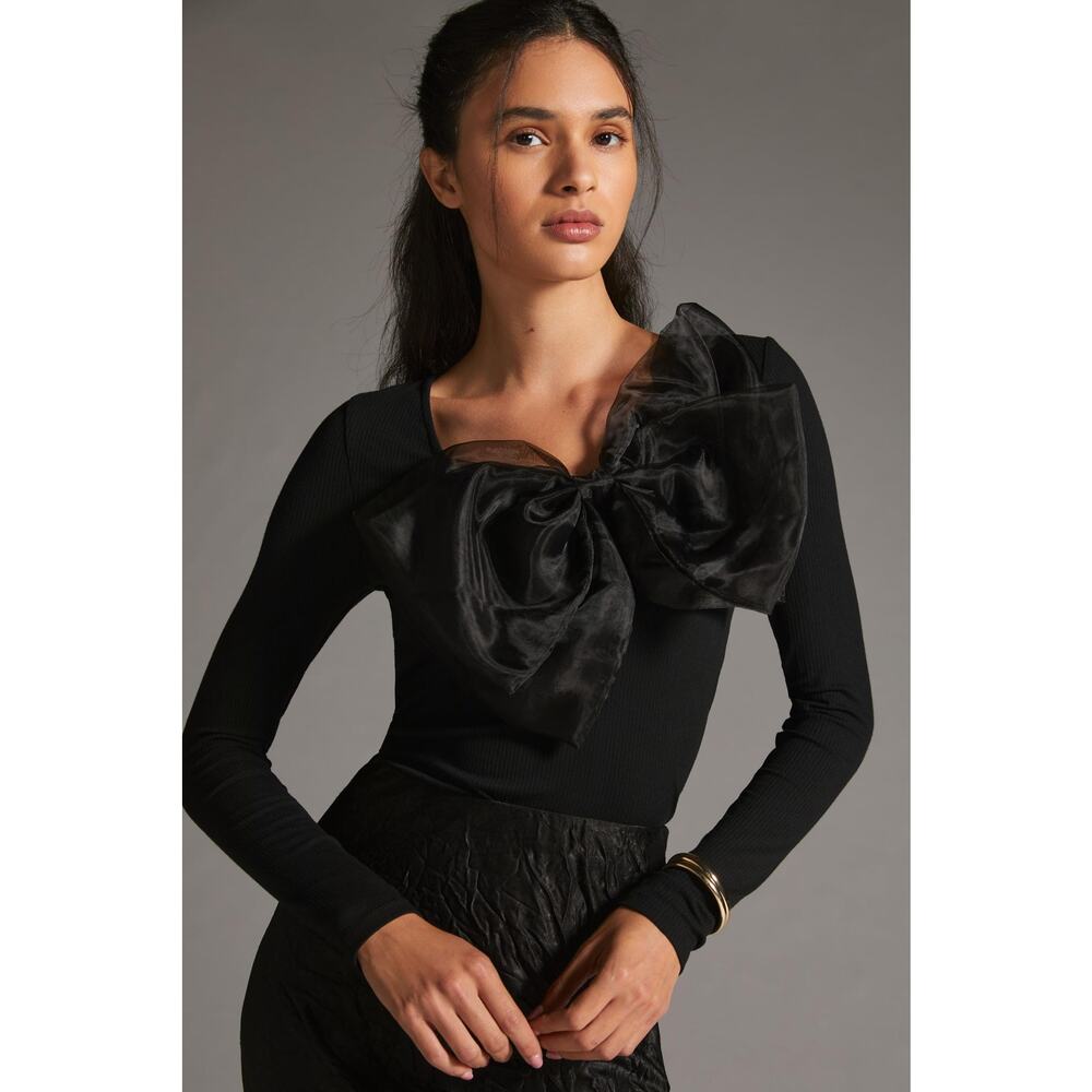 New Anthropologie Long Sleeve Black Bow Top - Size XS